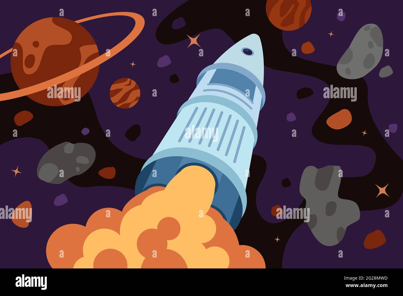 Rocket exploring flies outer space. Galaxy exploration or travel banner. Spaceship flight in universe across stars and planets. Exoplanet search, disc Stock Vector