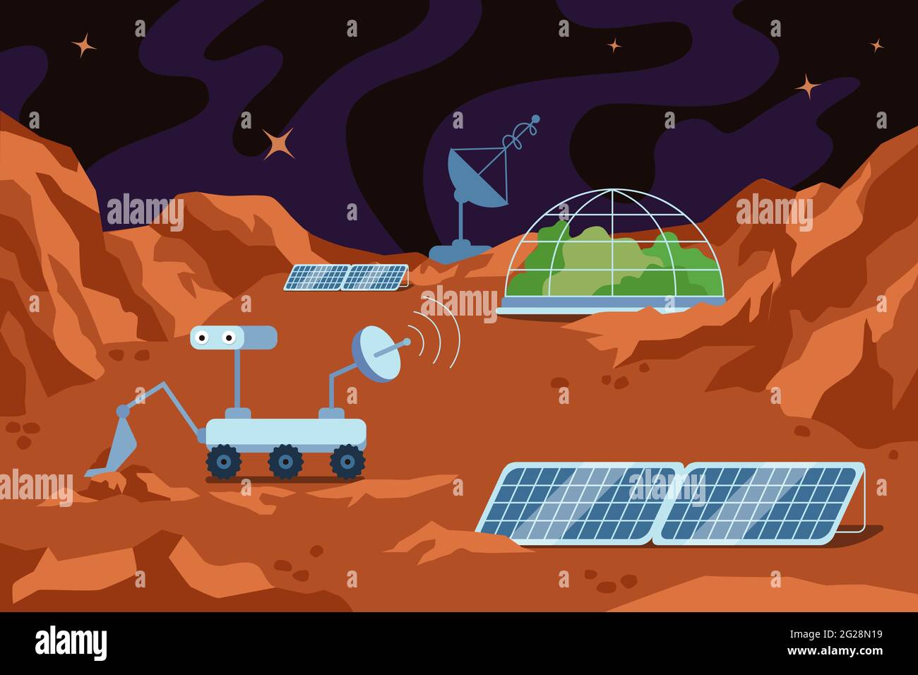 Red planet colonization human space base. Science station on Mars landscape with dome building, mountains and stars in sky. Station in galaxy in universe. Colonizers explore exoplanet soil exploration Stock Vector
