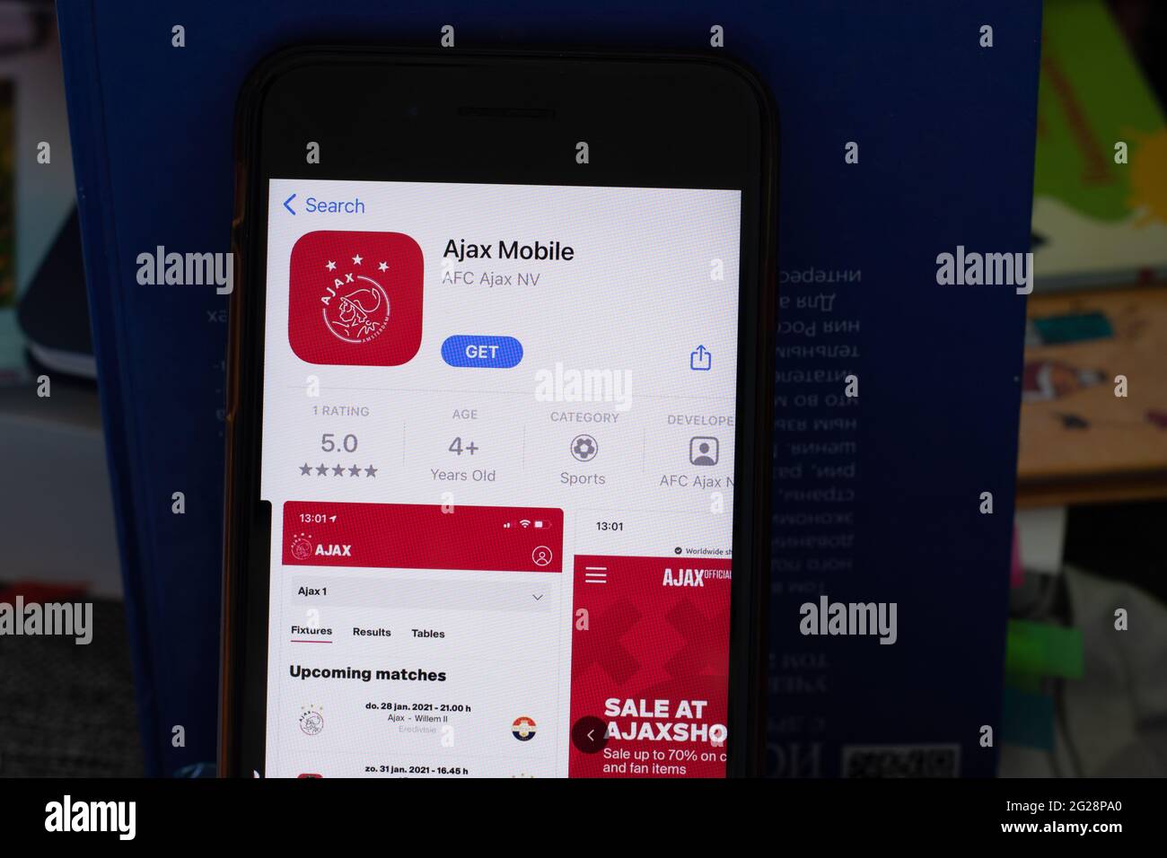 New York, USA - 1 June 2021: Ajax mobile app logo on phone screen, close-up icon, Illustrative Editorial Stock Photo