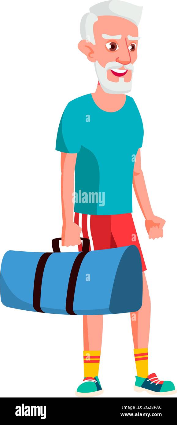 happy old man with sport bag going to gym cartoon vector Stock Vector