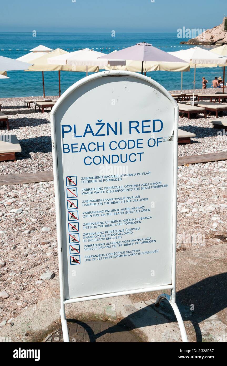 Beach conde of conduct on Sveti Stefan beach, Montenegro, Europe Stock Photo