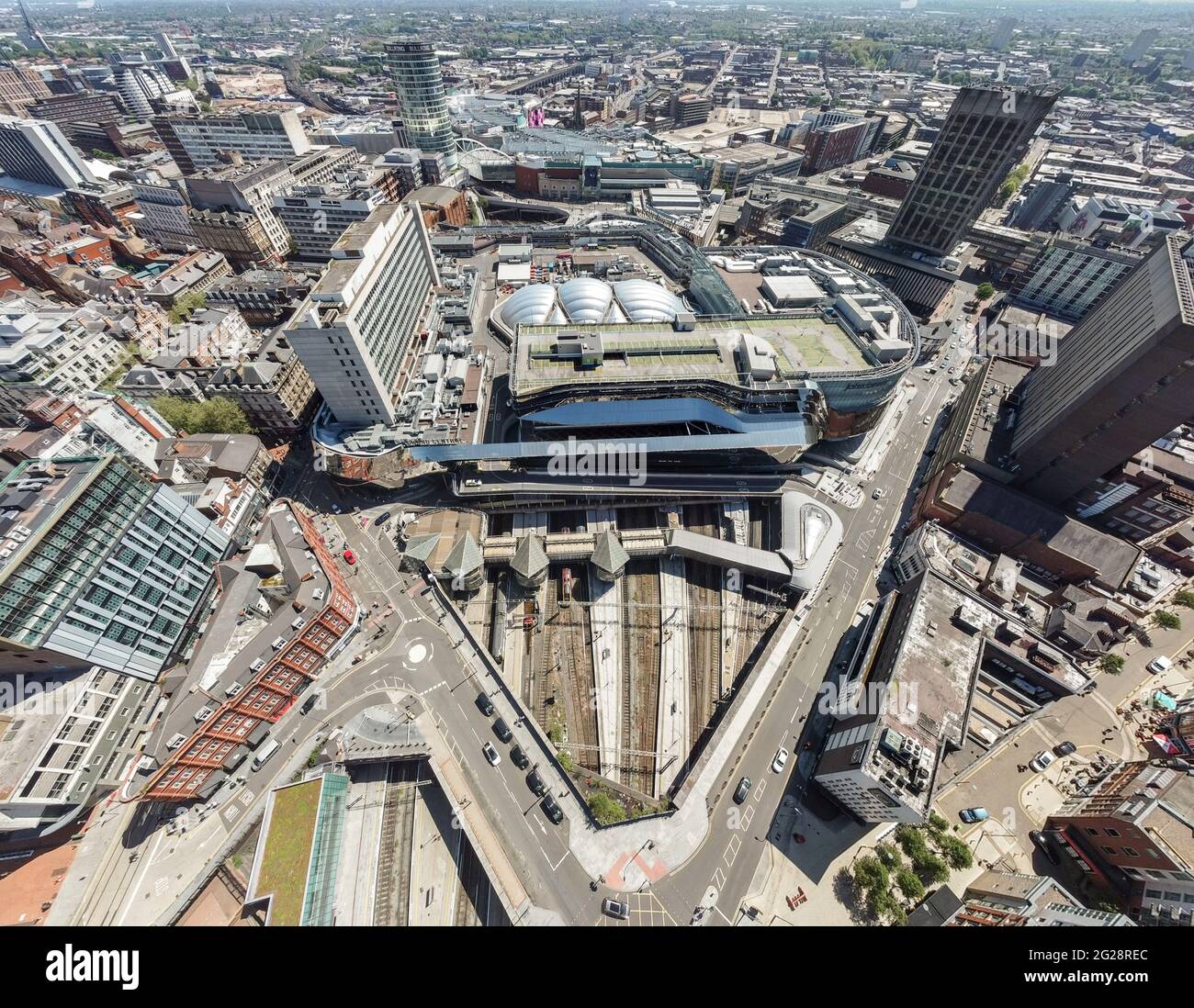 Birmingham New Street Grand Central Station England Aerial view of city centre with crossroads train station. Big transport hub trains at platform Stock Photo