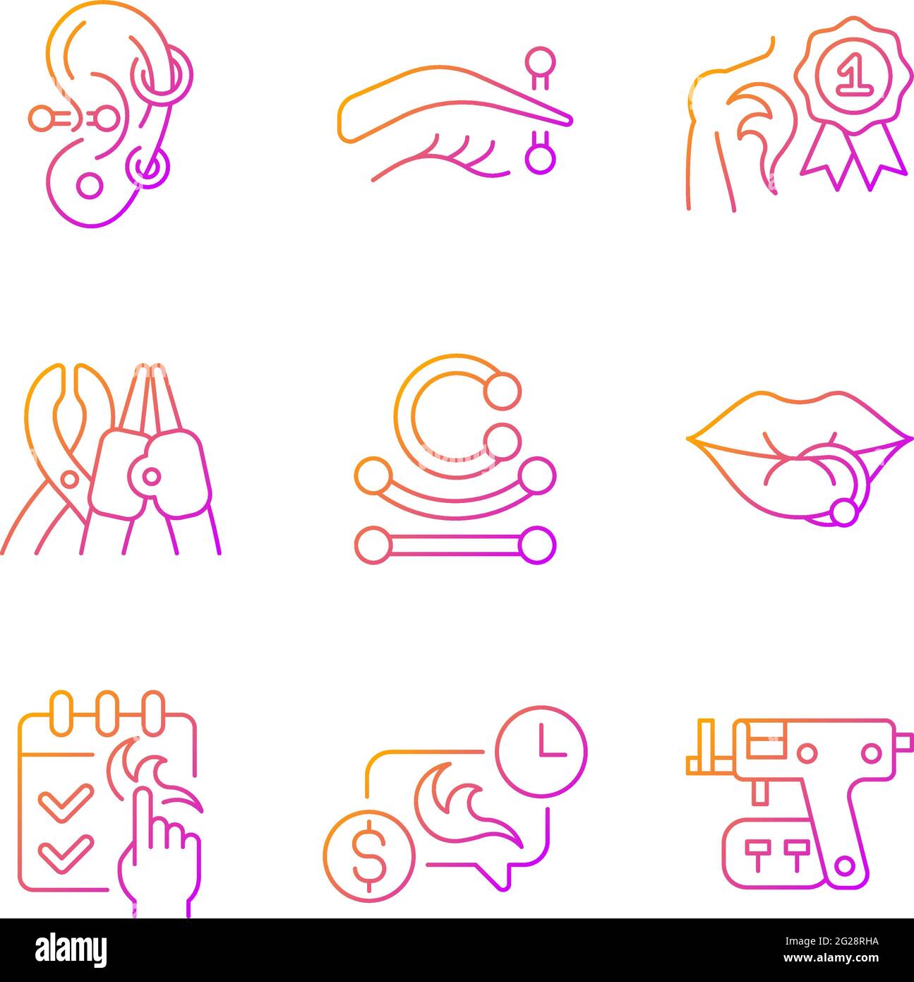 Tattoo and piercing creation gradient linear vector icons set Stock Vector