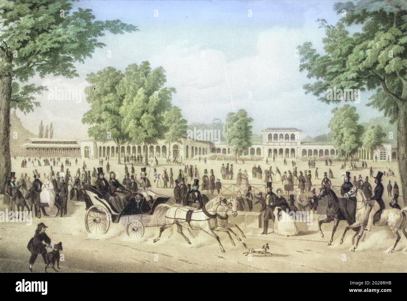 Machine colorized (AI) The Iron Fountain Pavilion and the Arkadenbau in Bad Kissingen, Germany. lithograph by Christian Weiss and H kuber 1850 Stock Photo