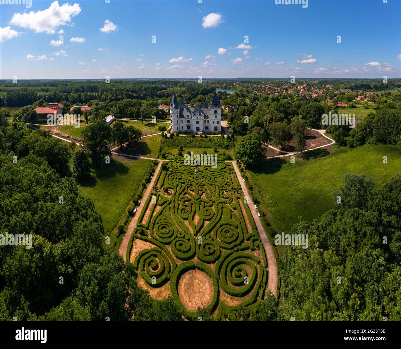 Hungarian romantic style castle in Tiszadob village which name is Andrassy castle. Erzsebet quuen in memory built by Gyula Andrassy in XIX th century. Stock Photo