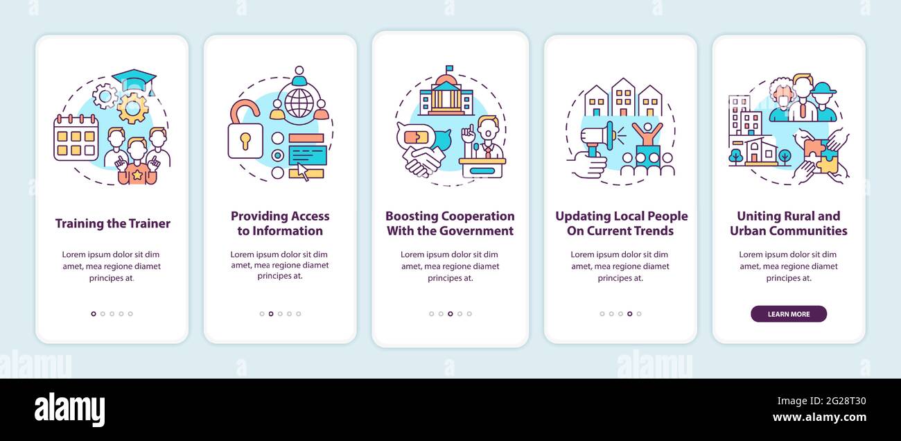 Community development steps onboarding mobile app page screen with ...