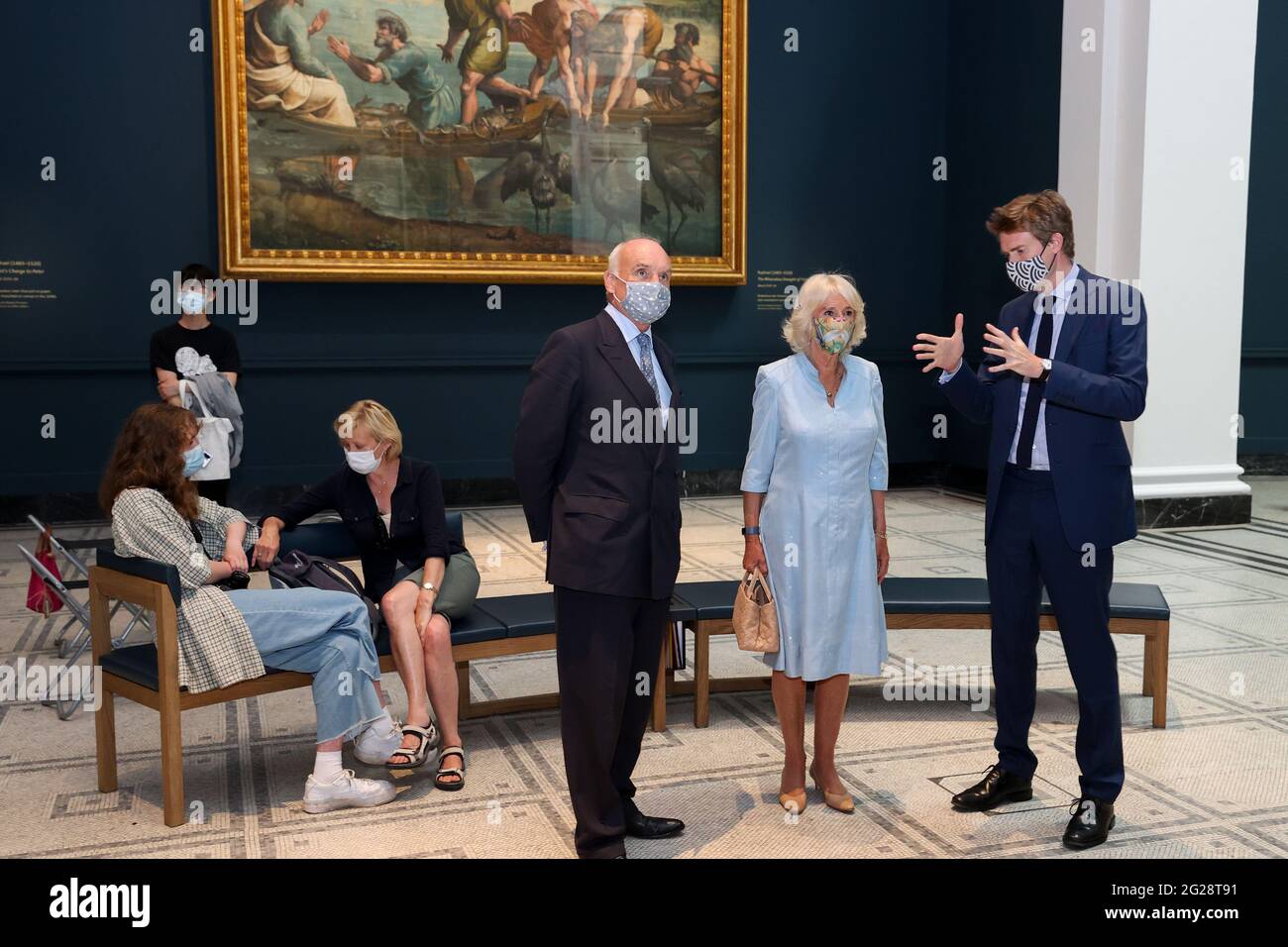 Director of the V&A, Nicholas Coleridge, and Dr Tristram Hunt, Director of the V&A viewing the Raphael Cartoons in the Raphael gallery during a visit by the Duchess to the Victoria and Albert Museum in London. Picture date: Wednesday June 9, 2021. Stock Photo