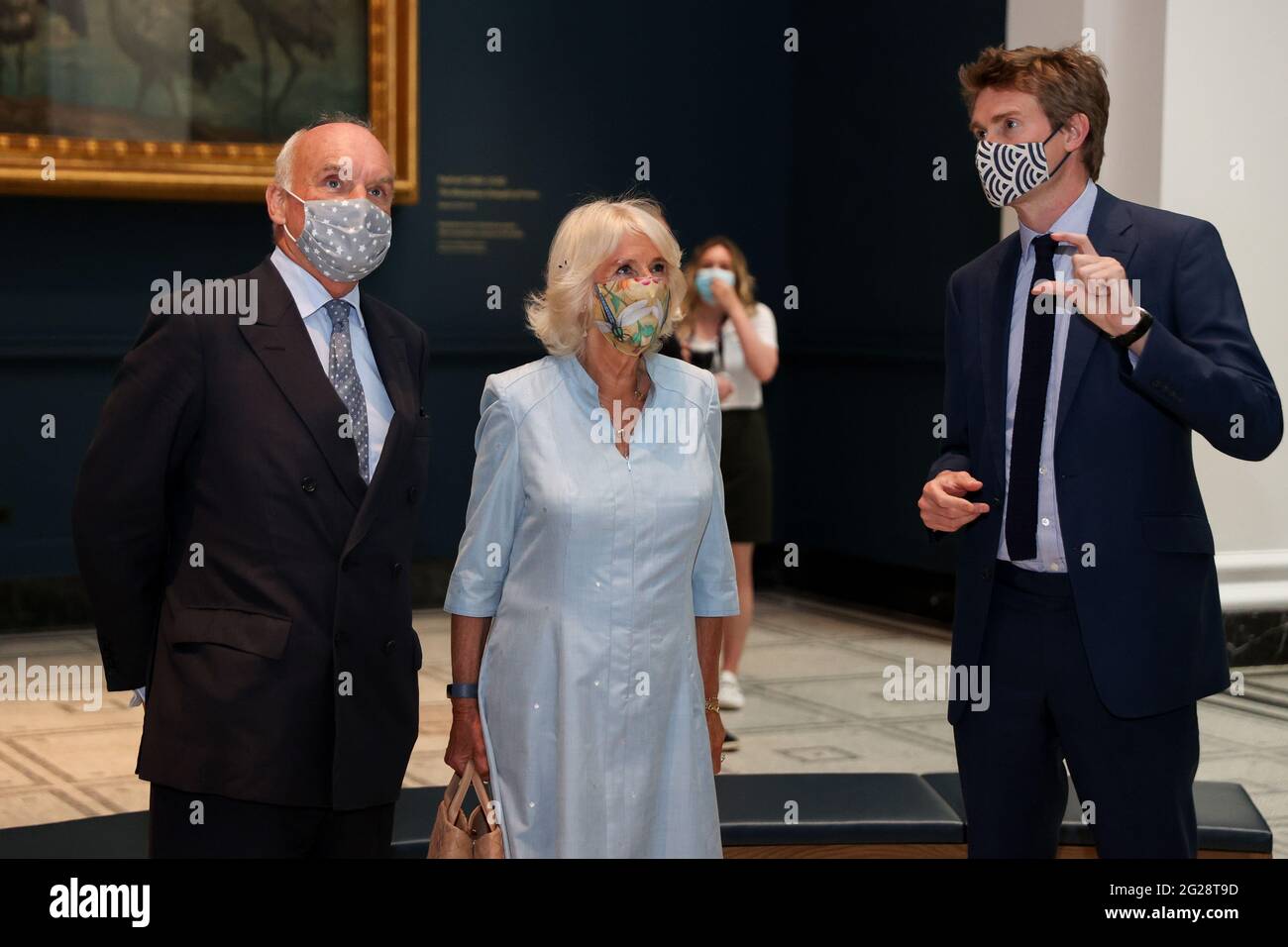 Director of the V&A, Nicholas Coleridge, and Dr Tristram Hunt, Director of the V&A viewing the Raphael Cartoons in the Raphael gallery during a visit by the Duchess to the Victoria and Albert Museum in London. Picture date: Wednesday June 9, 2021. Stock Photo