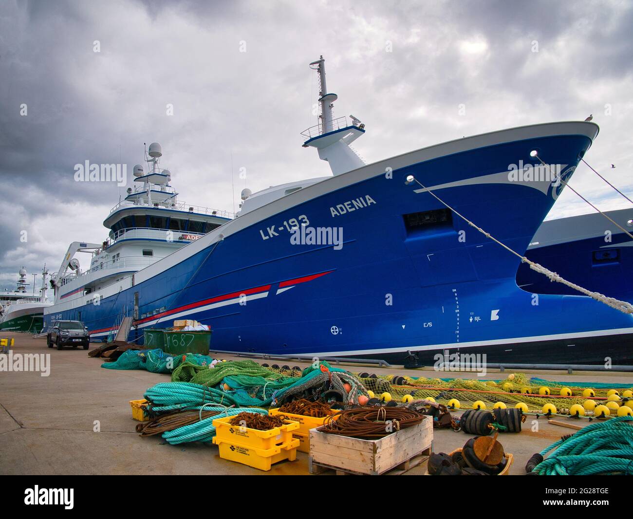 Moored at Lerwick harbour, the Adenia (LK193), a midwater trawler built in 2019 - one of the Shetland pelagic fishing fleet Stock Photo