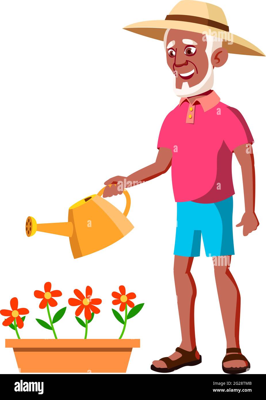 old man gardener watering flowers in garden cartoon vector Stock Vector