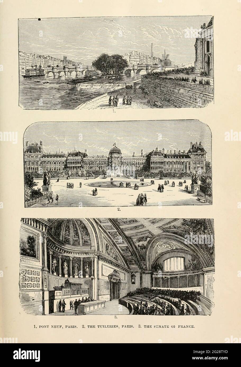 Paris Views and Buildings 1. PONT NEUF, 2. THE TUILERIES, 3. THE SENATE of FRANCE from the book Sights and sensations in Europe : sketches of travel and adventure in England, Ireland, France, Spain, Portugal, Germany, Switzerland, Italy, Austria, Poland, Hungary, Holland, and Belgium : with an account of the places and persons prominent in the Franco-German war by Browne, Junius Henri, 1833-1902 Published by Hartford, Conn. : American Pub. Co. ; San Francisco, in 1871 Stock Photo