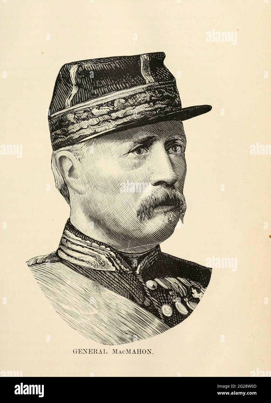General MacMahon Marie Edme Patrice Maurice de MacMahon, marquis de MacMahon, duc de Magenta (13 June 1808 – 17 October 1893) was a French general and politician, with the distinction of Marshal of France. He served as Chief of State of France from 1873 to 1875 and as President of France, from 1875 to 1879. from the book Sights and sensations in Europe : sketches of travel and adventure in England, Ireland, France, Spain, Portugal, Germany, Switzerland, Italy, Austria, Poland, Hungary, Holland, and Belgium : with an account of the places and persons prominent in the Franco-German war by Browne Stock Photo