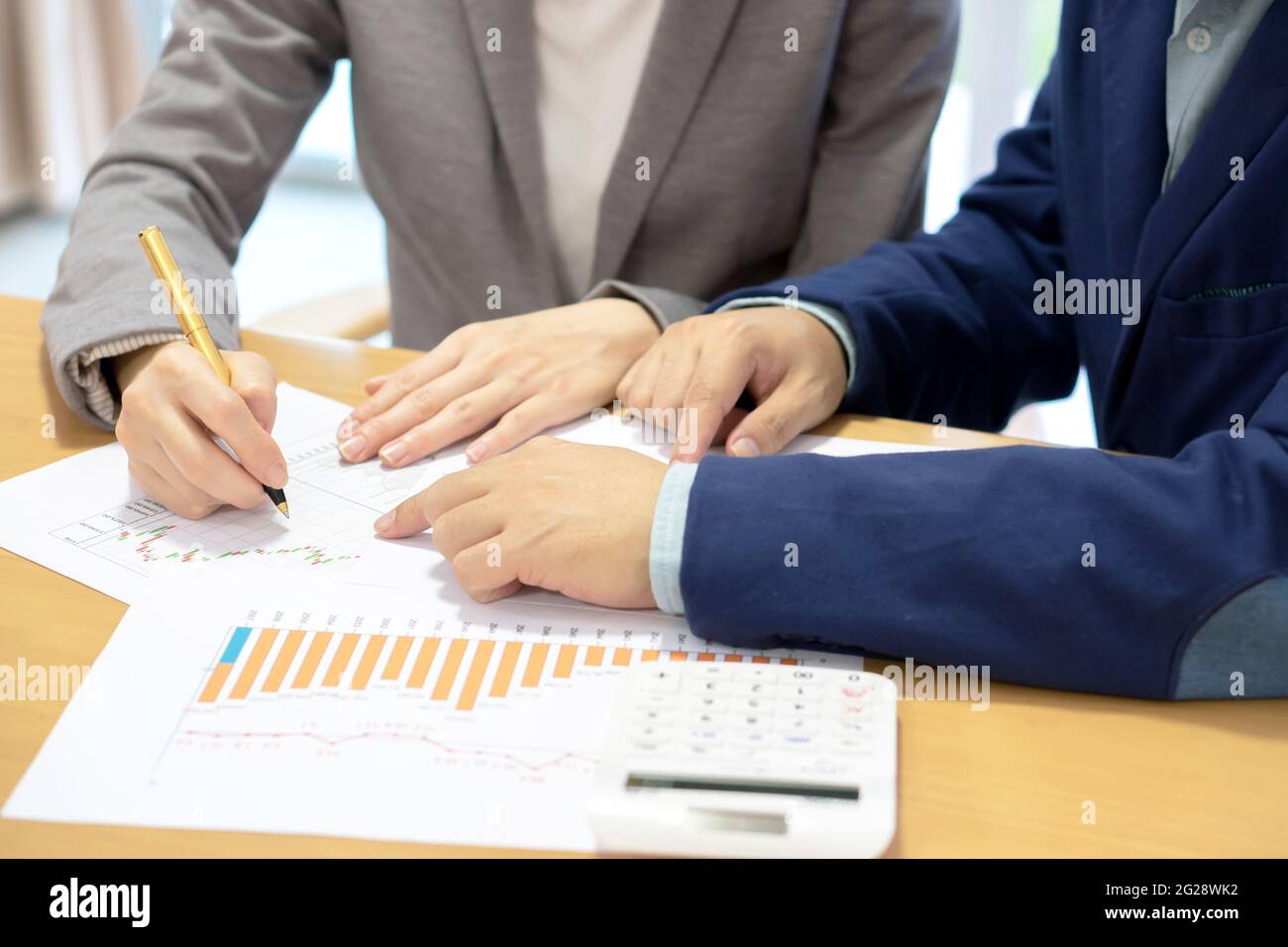 young consultant analyzing data with her client Stock Photo