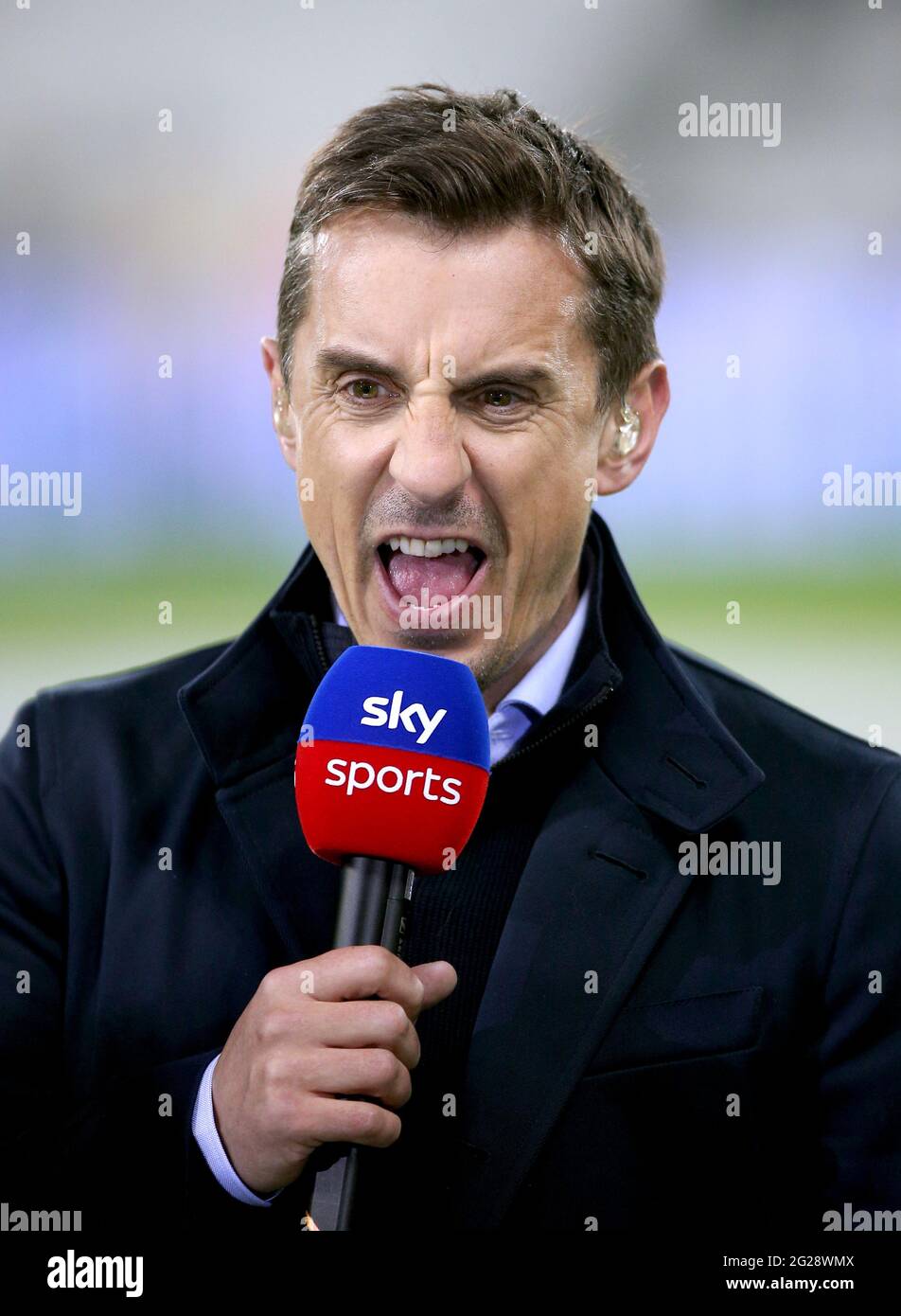 File photo dated 22-02-2019 of Sky Sports Pundit Gary Neville commentates on the match prior to the beginning of the Premier League match at London Stadium. Issue date: Wednesday June 9, 2021. Stock Photo