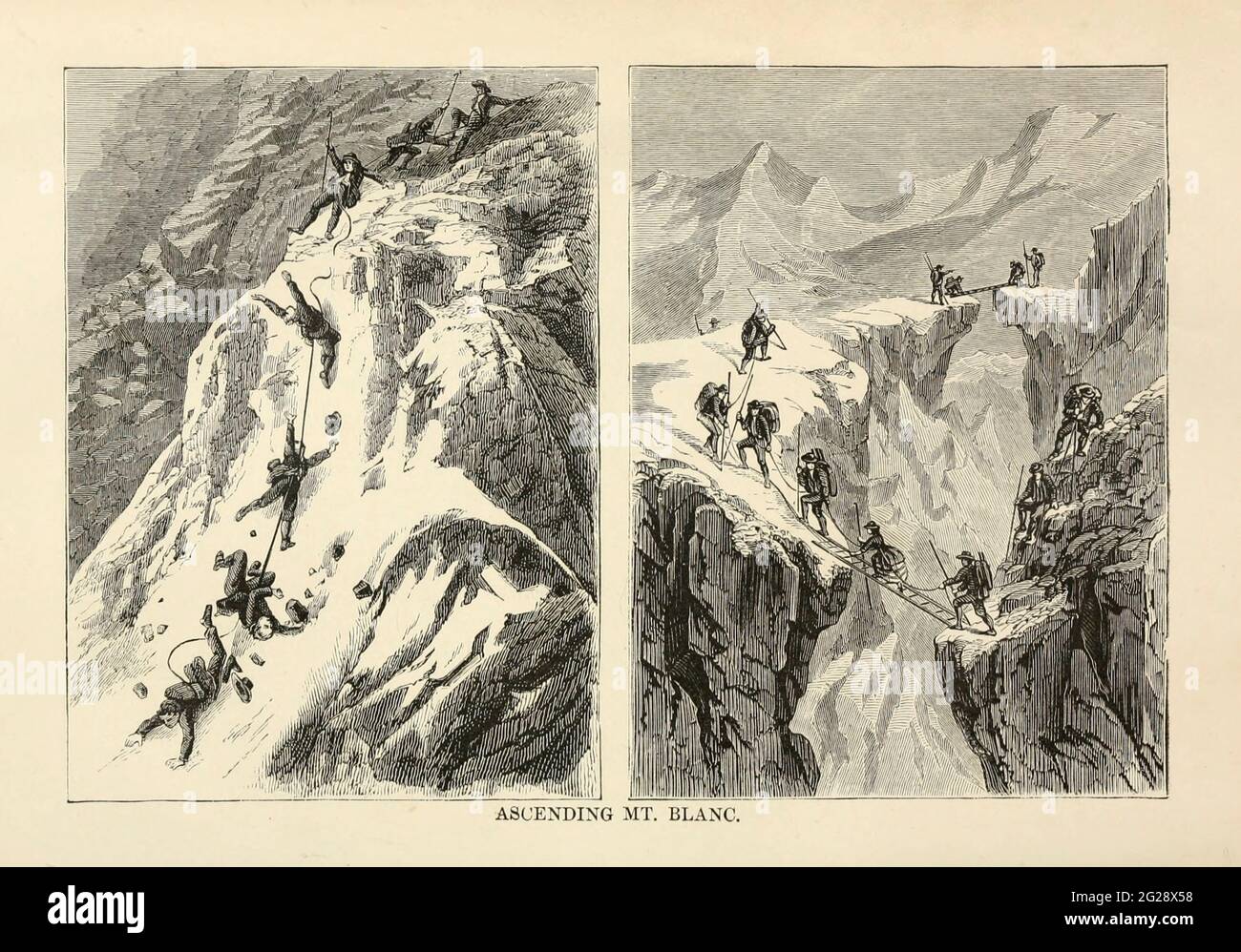 Climbing Mont Blanc from the book Sights and sensations in Europe : sketches of travel and adventure in England, Ireland, France, Spain, Portugal, Germany, Switzerland, Italy, Austria, Poland, Hungary, Holland, and Belgium : with an account of the places and persons prominent in the Franco-German war by Browne, Junius Henri, 1833-1902 Published by Hartford, Conn. : American Pub. Co. ; San Francisco, in 1871 Stock Photo
