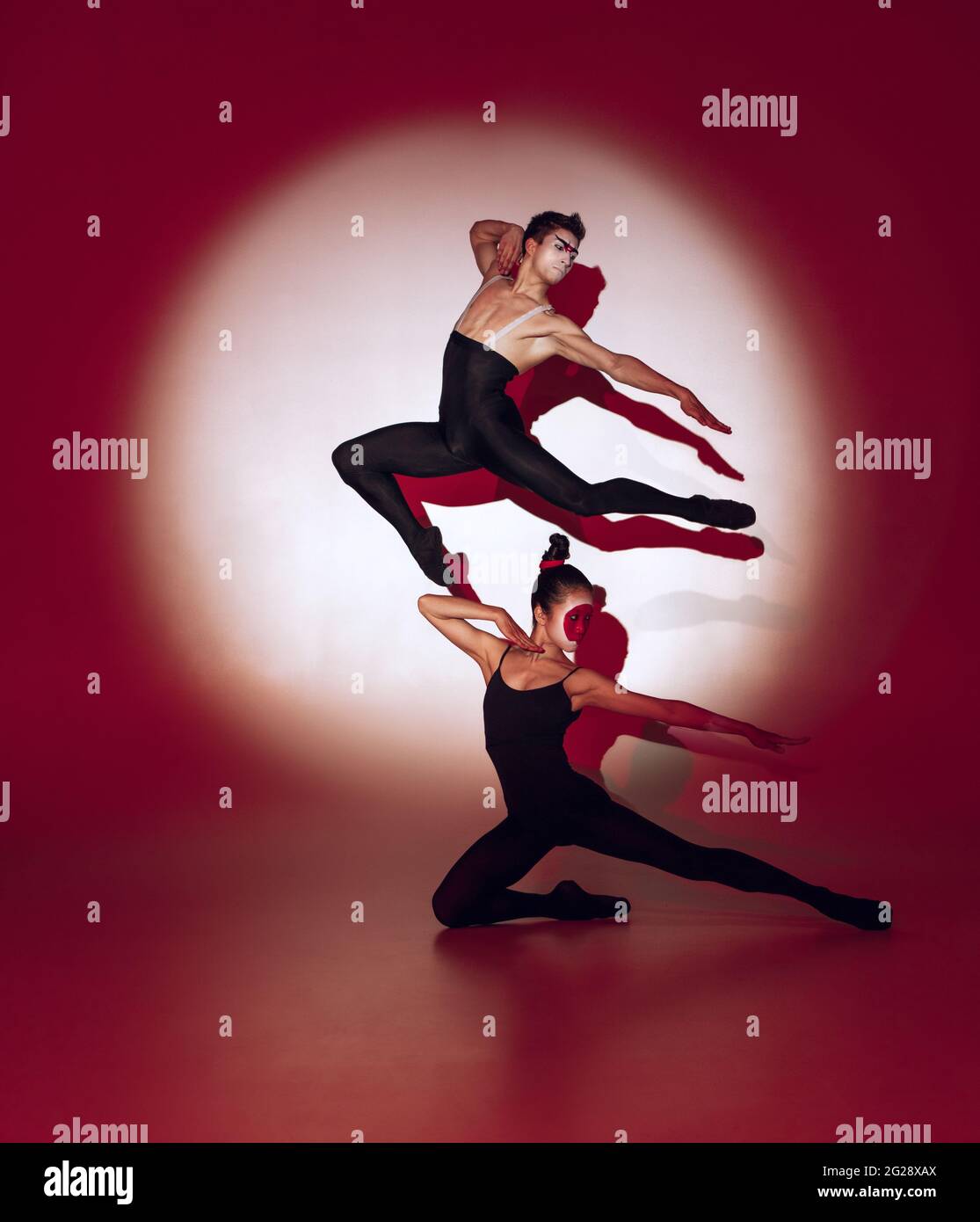 Ballet Dancers Dancing Over Red Studio Background Modern Design Contemporary Colorful Conceptual Light As Rising Sun At Japan Stock Photo Alamy