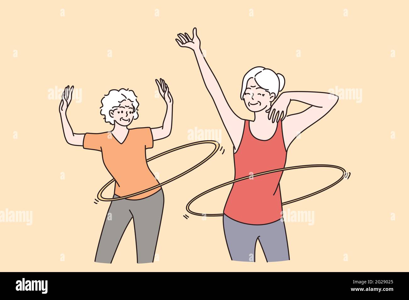 Elderly people active lifestyle concept. Two smiling happy healthy mature aged women friends making sport workout and rolling hoops on waists vector illustration  Stock Vector