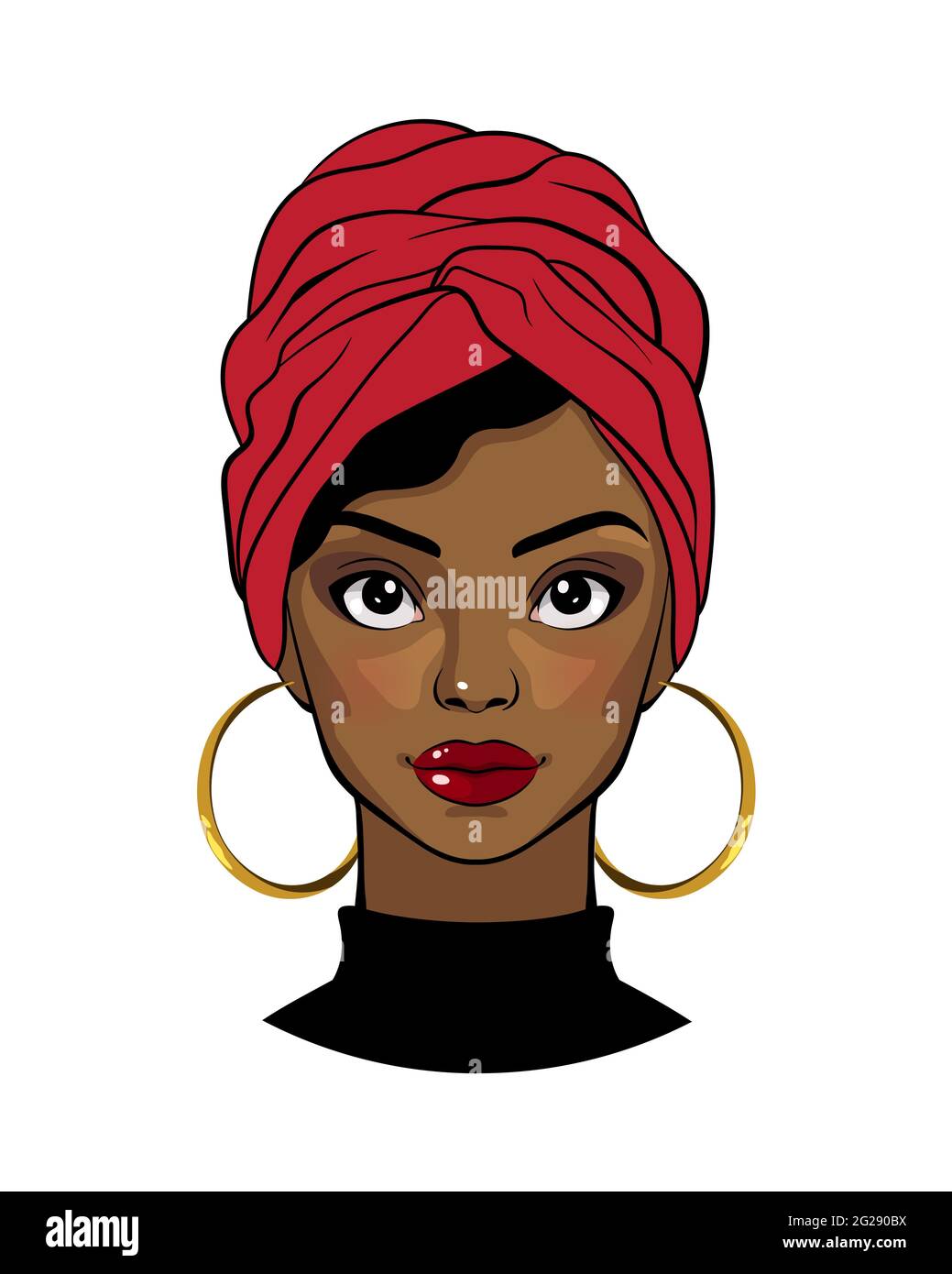 Beautiful black woman. Cartoon afro american girl wearing red head wrap and round earrings. Fashion Illustration on white background. Stock Photo