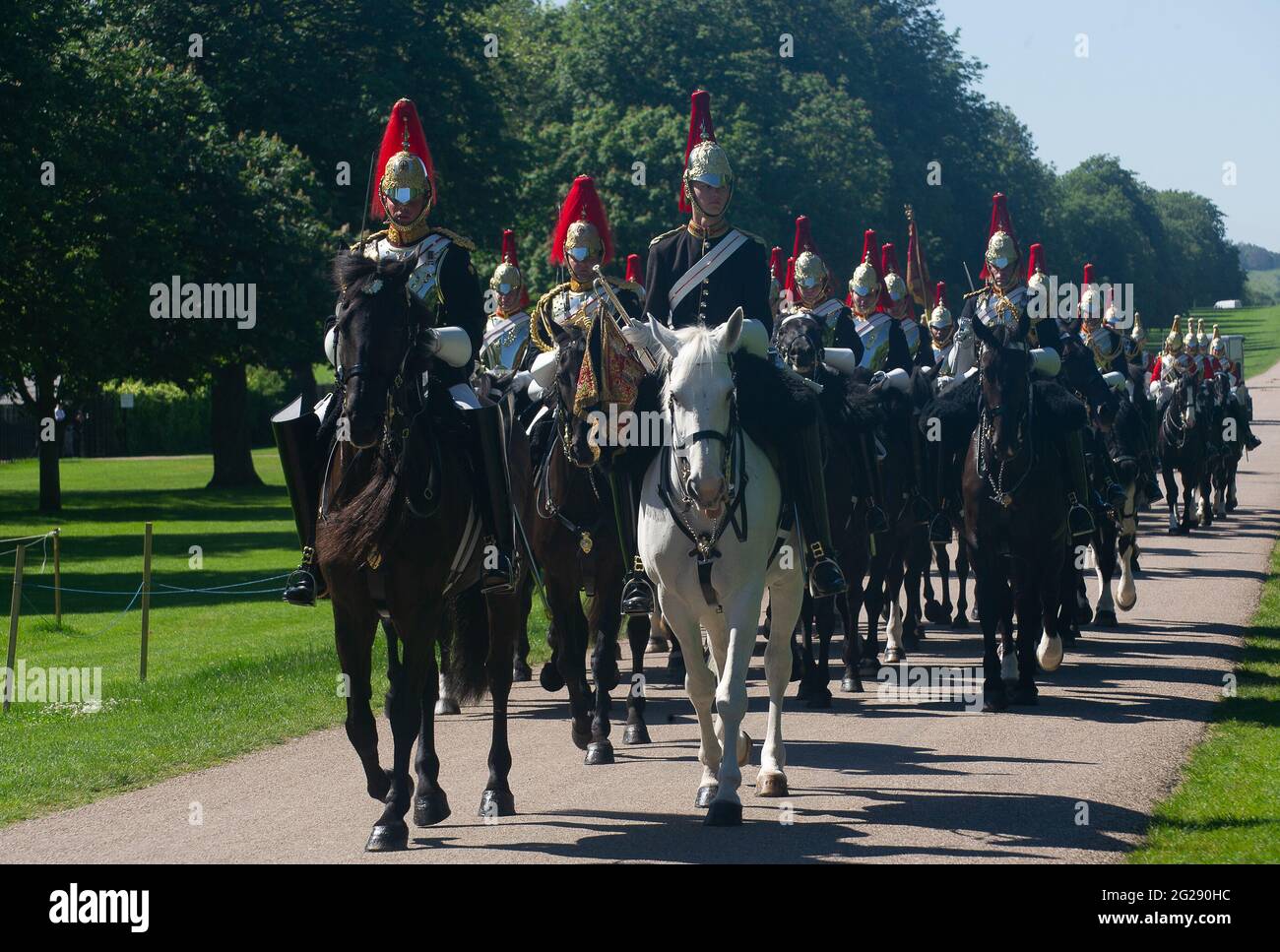 Windsor, Berkshire, UK. 9th June, 2021. The Kings's Royal Horse Artillery and the Household Cavalry Mounted Regiment rode along the Long Walk today as did a full rehearsal for