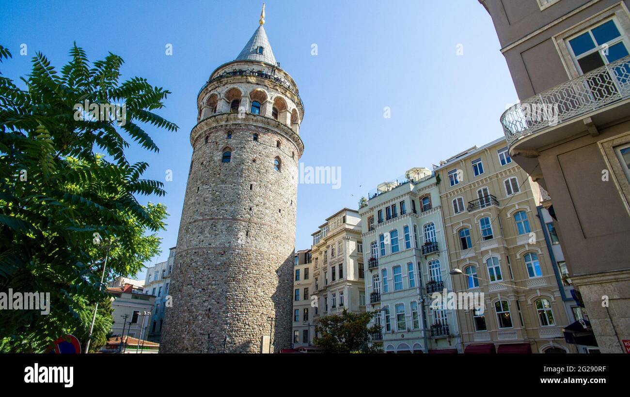 The Galata Tower, Galata Kulesi by the Genoese, is a medieval stone tower in the Galata-Karaköy quarter of Istanbul, Turkey Stock Photo