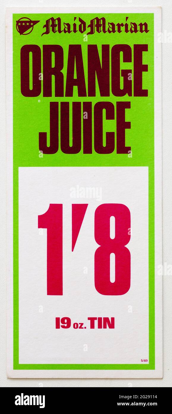 1970s Shop Advertising Price Display Label - Maid Marian Orange Juice Stock Photo