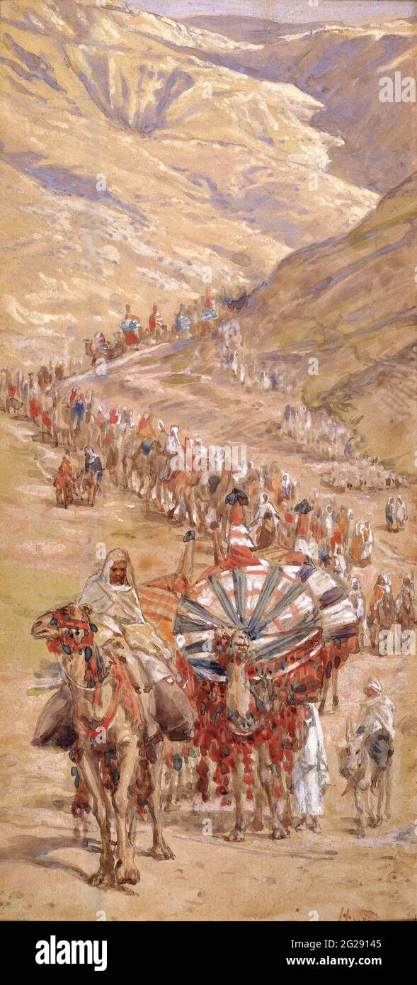 THE CARAVAN OF ABRAM. Genesis. xii. 6. “And Abram passed through the land unto the place of Sichem, unto the plain of Moreh. And the Canaanite was then in the land. From the book ' The Old Testament : three hundred and ninety-six compositions illustrating the Old Testament ' Part I by J. James Tissot Published by M. de Brunoff in Paris, London and New York in 1904 Stock Photo