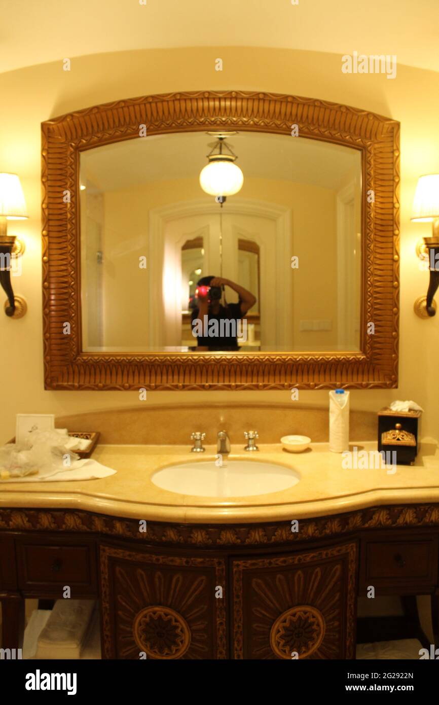 Luxury Washroom Design with Gilded Mirrors. Indian Interior Design Stock Photo