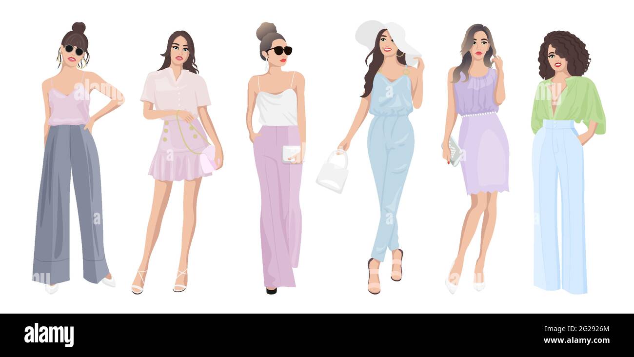 Set of women dressed in stylish trendy pastel color summer spring clothes 2021 - fashion street style Stock Vector
