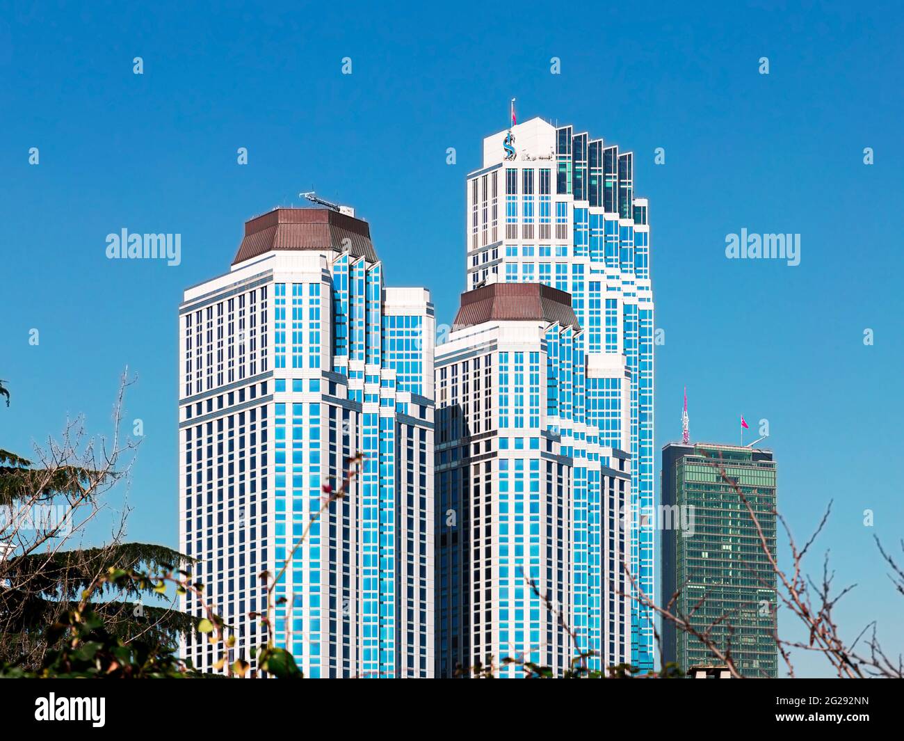 Levent, Istanbul, Turkey March 27th, 2021: The Isbank Towers at the financial district of Levent, with Sapphire Building in the background. Stock Photo