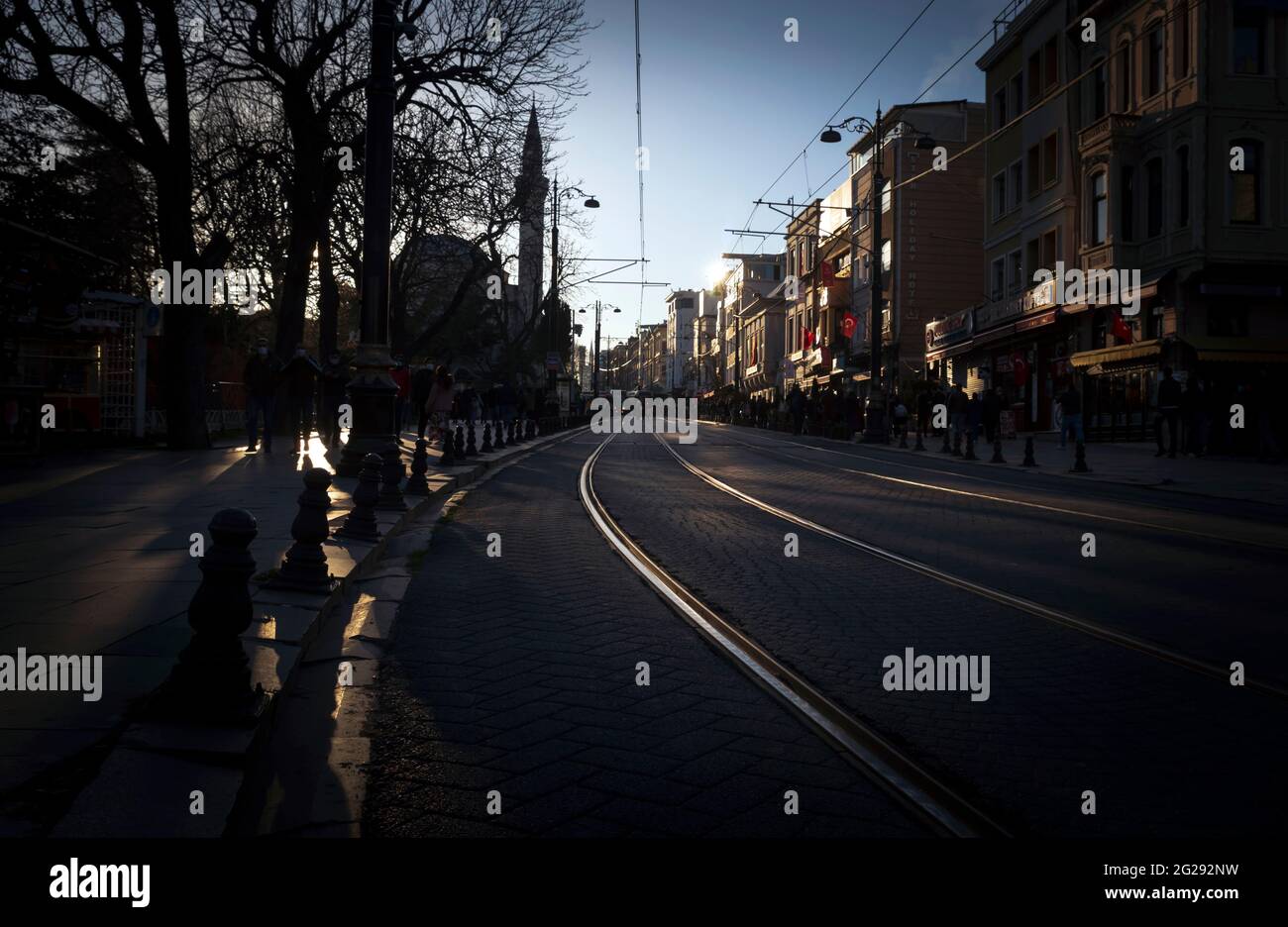 Sultanahmet, Istanbul, Turkey March 27th, 2021: The street tram rail line extends from Sultanahmet to Cemberlitas through Via Egnatia aka Divan Yolu Stock Photo