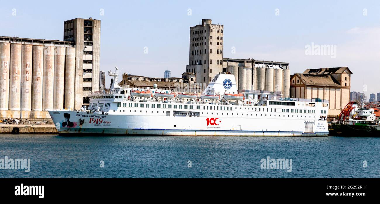 Haydarpasa, Istanbul, Turkey April 15th, 2021: The training and research vessel Piri Reis University Ship in Turkey, moored at Haydarpasa, Istanbul Stock Photo