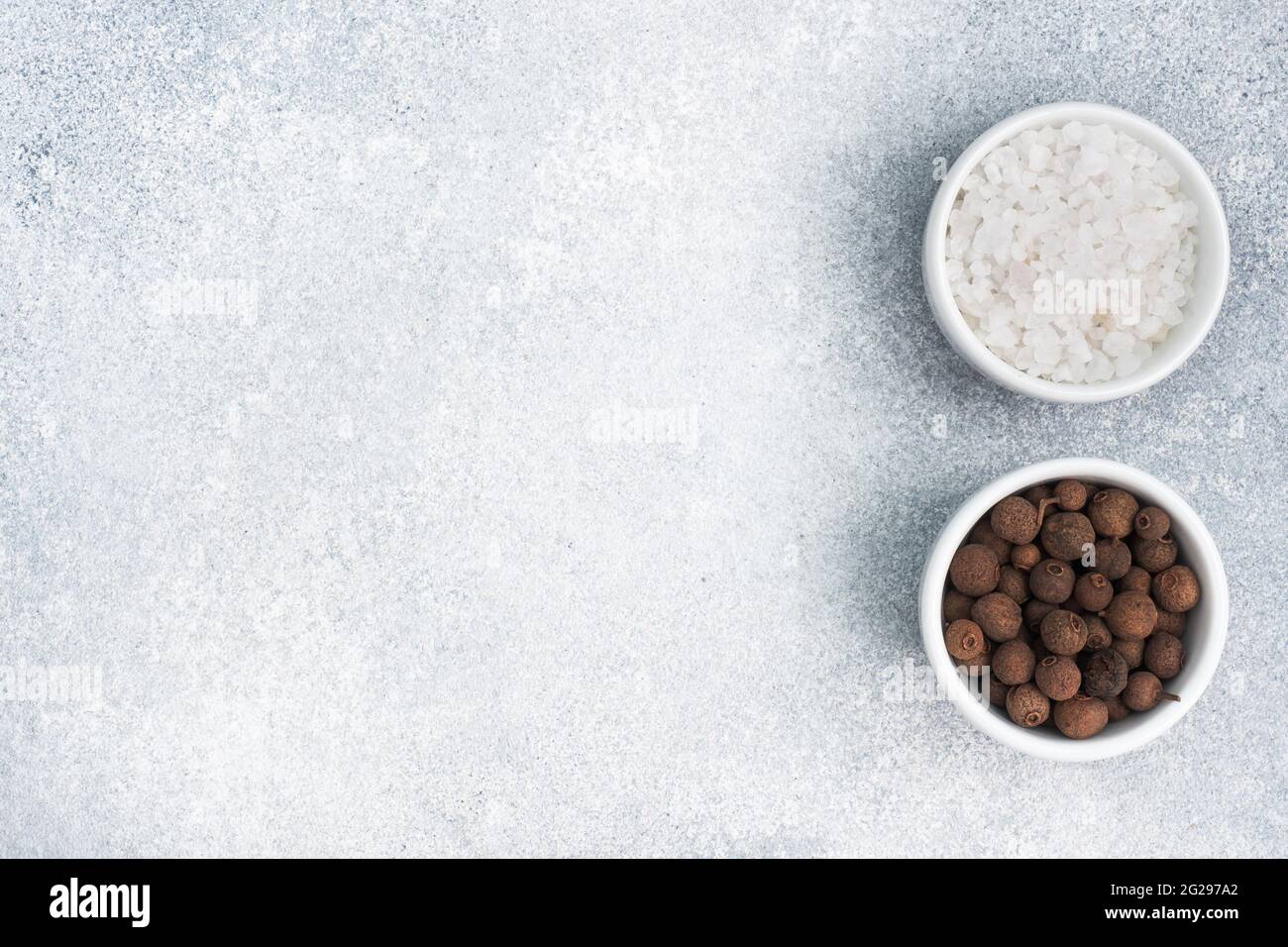 Coarse salt and black peppercorns in white ceramic bowls on gray concrete background, copy space top view Stock Photo