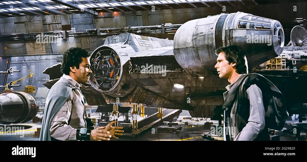 USA. Billy Dee Williams and Harrison Ford in a scene from the (C)Twentieth  Century Fox film: Star Wars: Return of the Jedi (1983). Plot: After a  daring mission to rescue Han Solo, image size:1300x688
