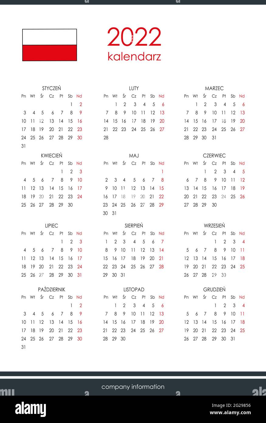 Polish calendar for 2022. 12 months on one page. Weekend start from