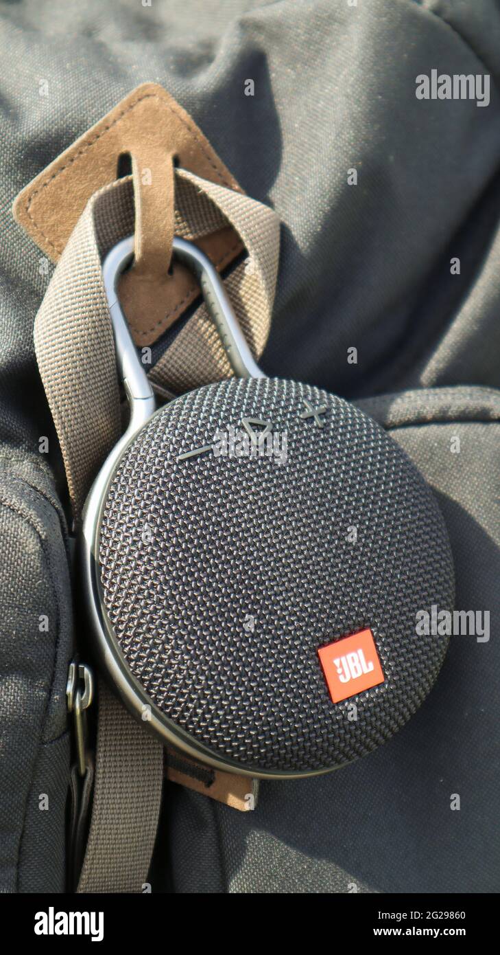Waterproof round Bluetooth-speakers JBL Clip 3 in black color with a  carabiner. Digital music and audio concept. Mini, suitable for travel.  Ukraine, K Stock Photo - Alamy
