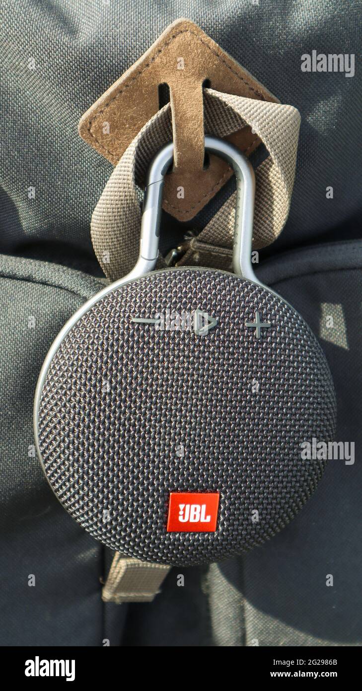 Waterproof round Bluetooth-speakers JBL Clip 3 in black color with a  carabiner. Digital music and audio concept. Mini, suitable for travel.  Ukraine, K Stock Photo - Alamy