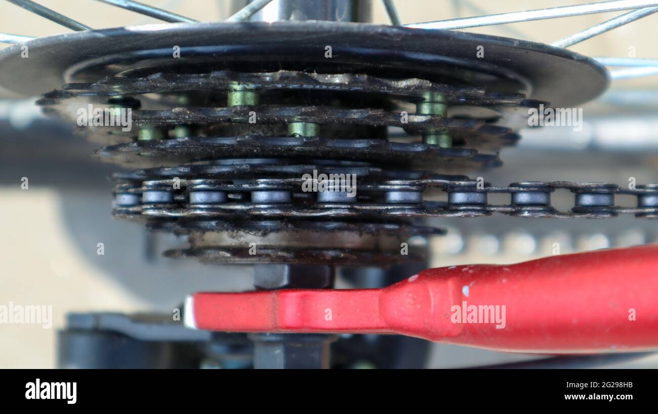 Closeup of a rear set of gear shifting sprockets on the rear wheel of