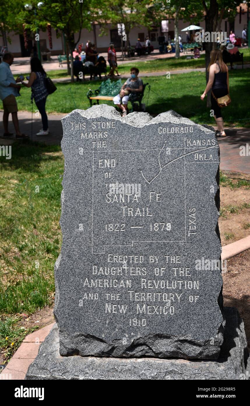 An stone monument marks the end of the historic 19th century Santa Fe Trail in Santa Fe, New Mexico. Stock Photo