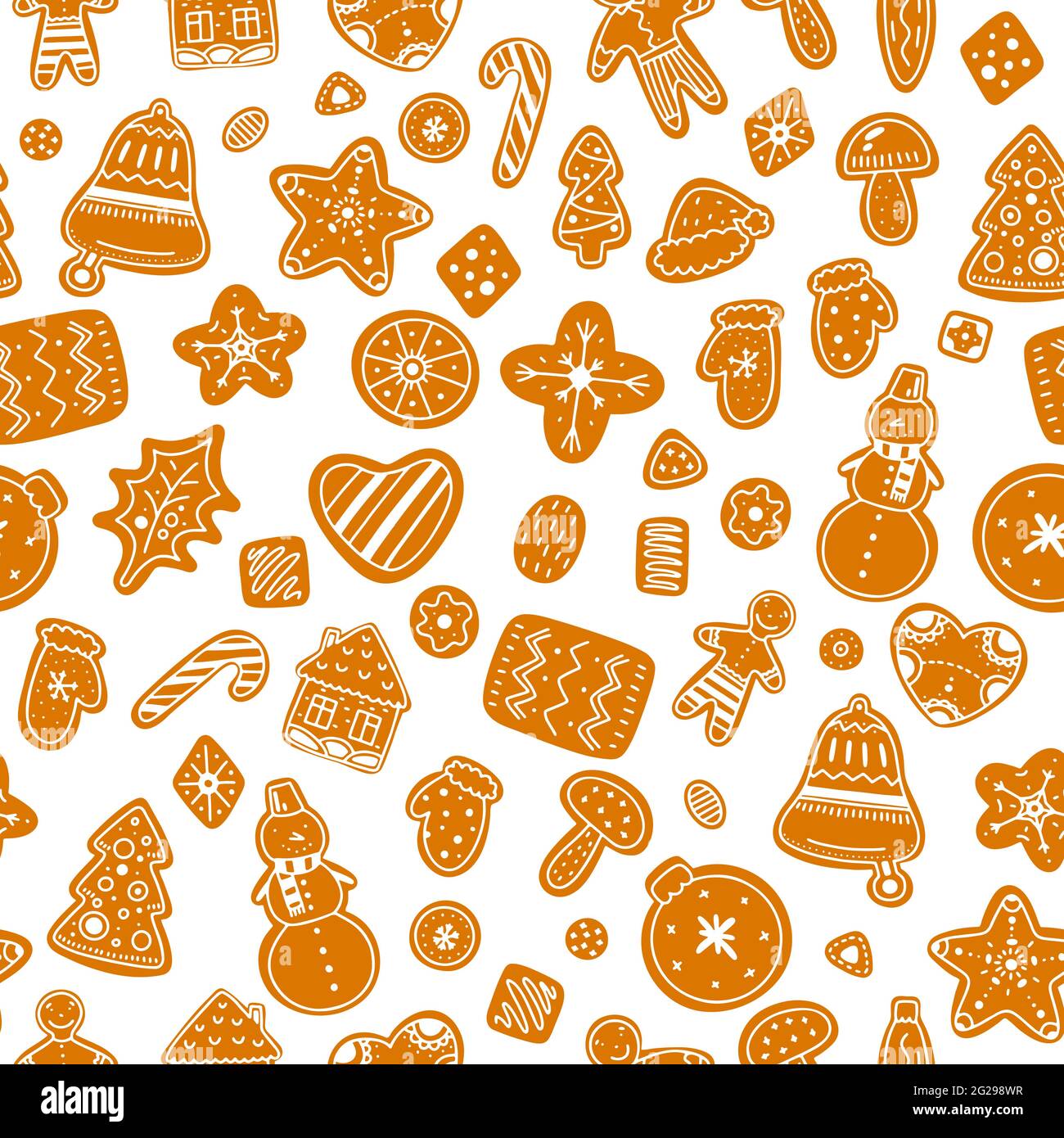 Seamless Cartoon Christmas gingerbread cookie pattern. Hand drawn pastries on white background. Baked Christmas tree, star, snowflake, man, house. Hom Stock Vector