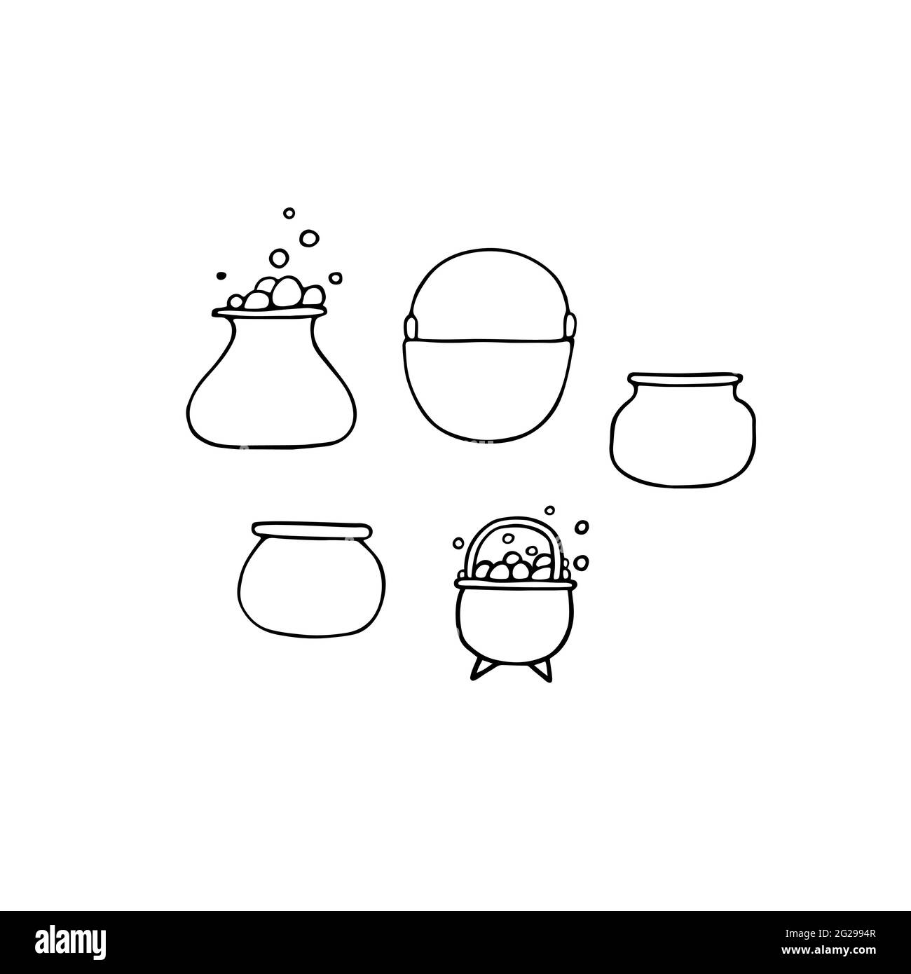 Magic cauldron of potion doodle set. Outline witchs boiler isolated on white background. Halloween brew kettle with bubbles. Vector illustration for s Stock Vector