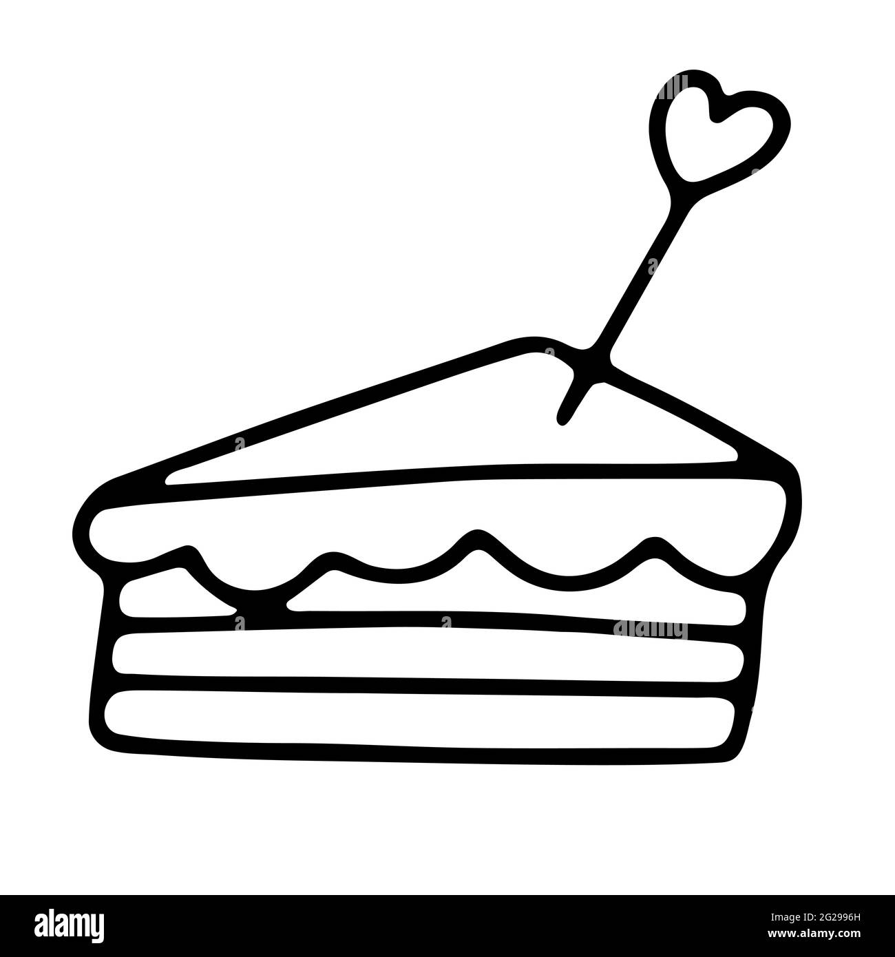 Doodle cake with cream, candy heart. Hand-drawn outline cute dessert isolated on white background. Sweet bake sign of gender party, Happy Birthday, ce Stock Vector