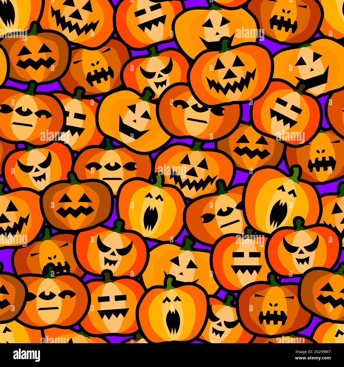Seamless halloween scary orange pumpkins pattern. Funny, creepy, smiling  face on purple backgrounds. Autumn character stickers. Happy Halloween  symbol Stock Vector Image & Art - Alamy