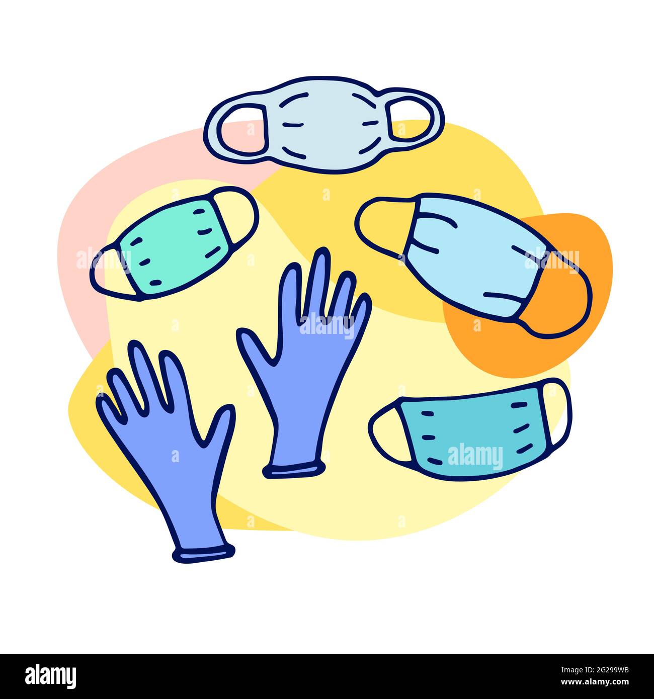 Medical protective doodle set. Hand drawn color mask, gloves. Means of Hand and face protection against viruses, dirt, bacteria, coronavirus. Vector S Stock Vector