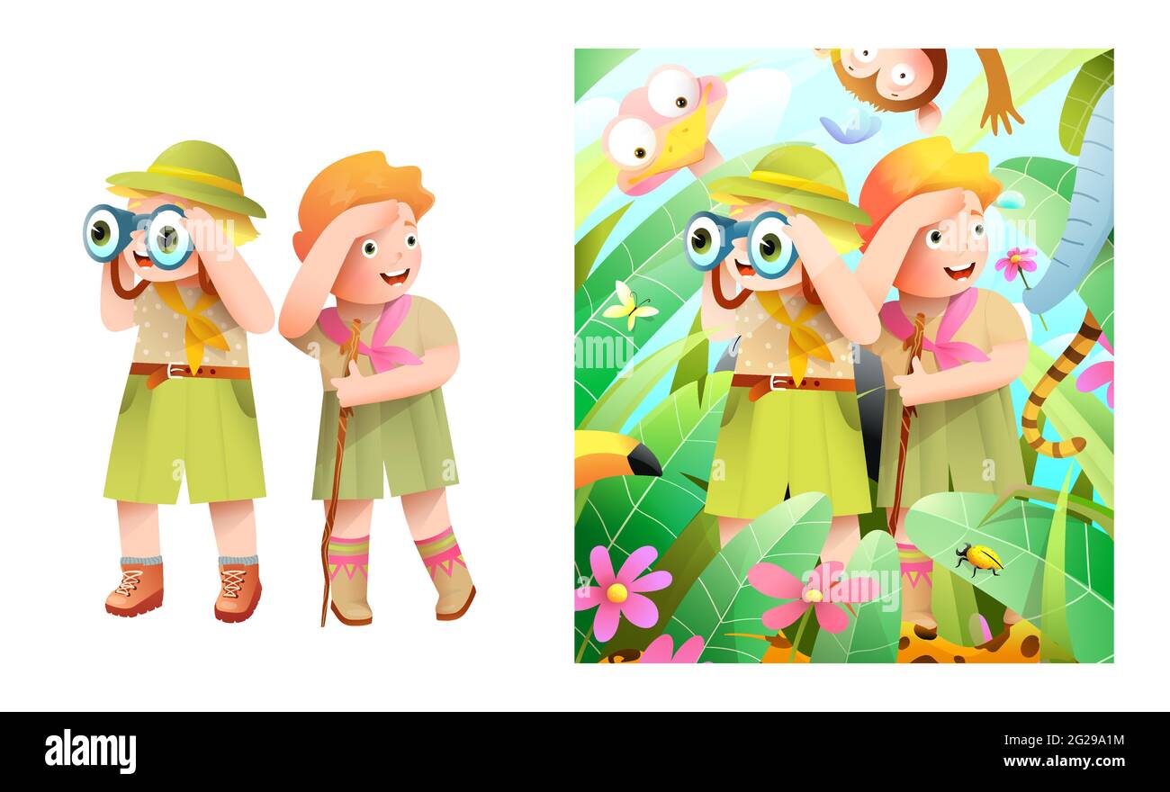 Scout Kids Jungle Animals and Nature Adventure Stock Vector