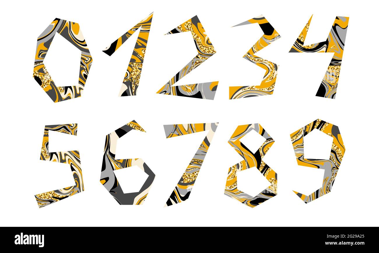 Marble sparkling numbers set. Multicolored stains texture, gold glitter hand drawn text isolated on white background. Vector Signs collection for holi Stock Vector