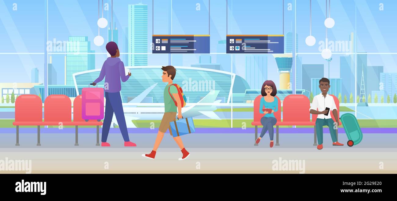Airport arrival waiting room or international departure lounge with people tourists vector illustration. Cartoon man woman passenger characters wait to fly by plane, sitting in chairs background Stock Vector