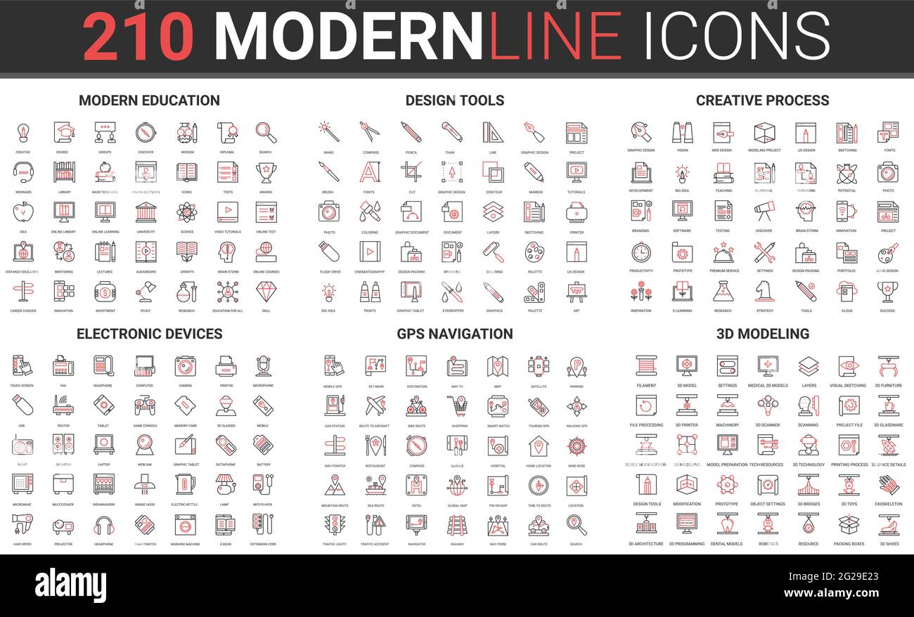 Modern education and design creative process, 3d modeling printing, wireless electronic device thin red black line icon vector illustration set. Outline symbols for gps transport navigation collection Stock Vector