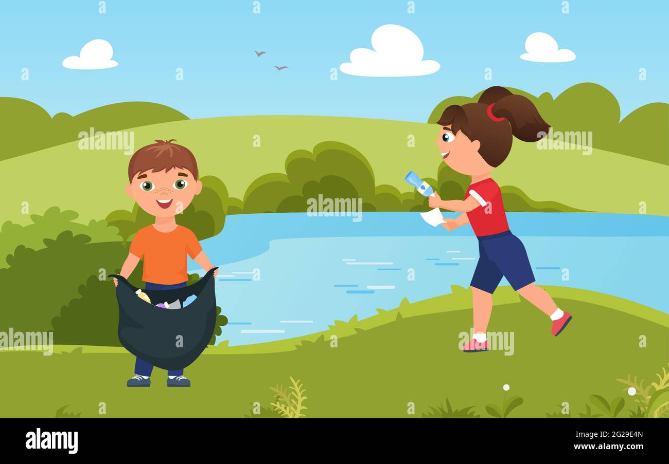 Children collect trash garbage, clean nature vector illustration. Cartoon  cute team of volunteer boy girl characters cleaning green summer park  together, friends gathering plastic rubbish bottles Stock Vector Image &  Art -