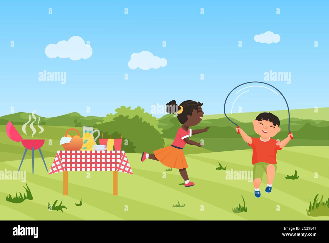 Happy children have fun on barbecue picnic party together vector illustration. Cartoon girl child running, boy character jumping rope, healthy sport activity in summer green garden or park background Stock Vector