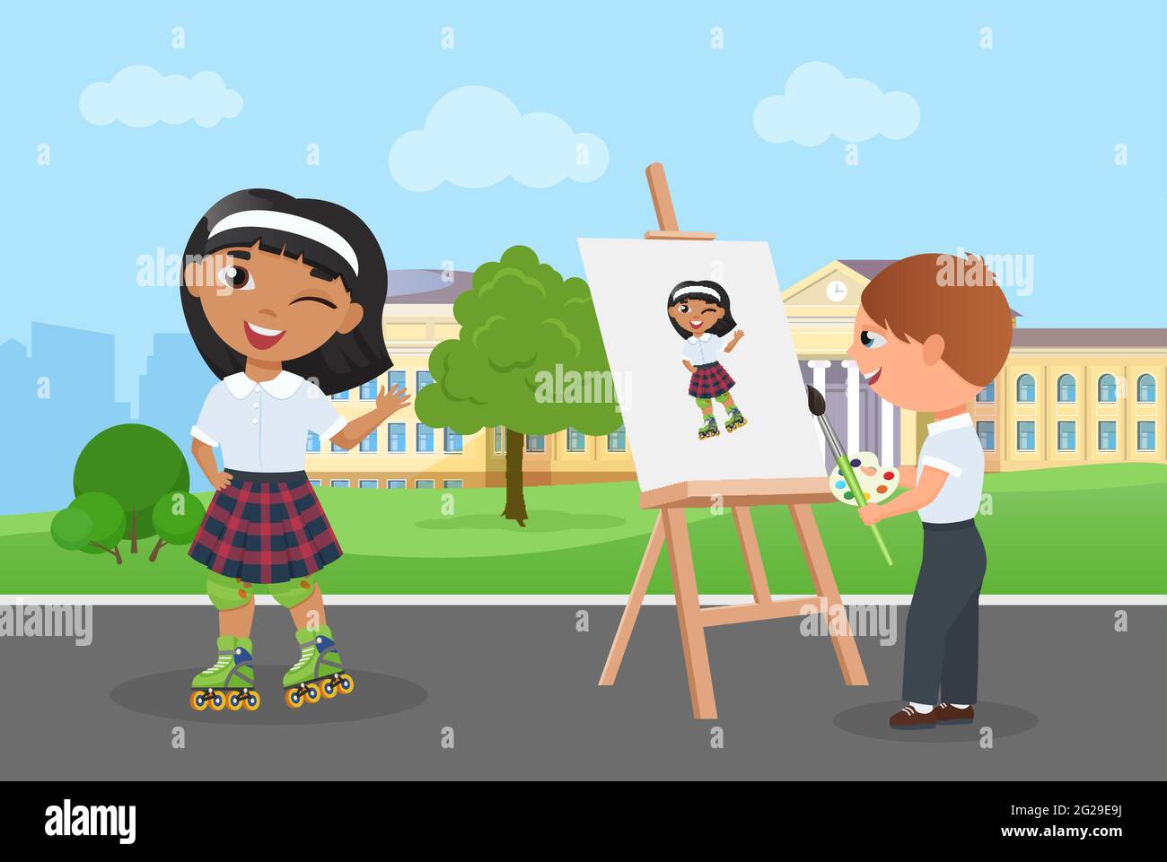 Children friends spend fun time together in park vector illustration. Cartoon young artist character holding paintbrush, palette with paints painting art portrait of girl in school uniform background Stock Vector